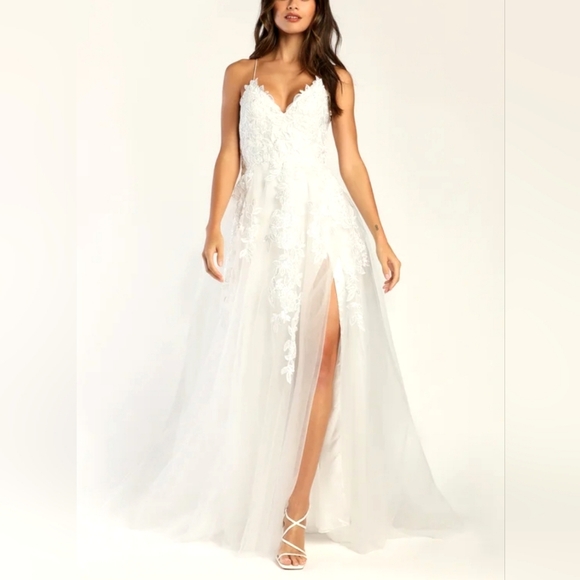 Lulus White Embroidered Lace-up Tulle Maxi Dress - Picture 14 of 16